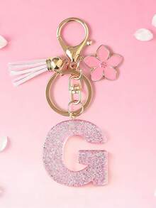 1pc DIY Pink 26 English Alphabet Keychain, Resin Glitter Flower Tassel Key Chain For Women Christmas Gift