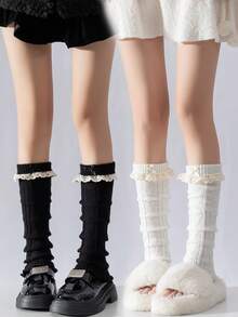1/2/3 Cặp tất chân nhiều màu cho nữ, tất chân thon gọn, tất chân cao đến đầu gối có nơ xếp nếp ren dệt kim trang trí hình trái tim, đa năng cho mùa xuân/thu/đông, ấm áp - Nhiều màu - Xem 7