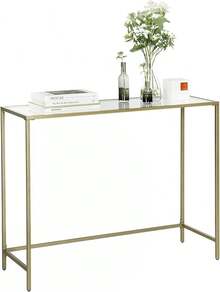 VASAGLE Mesa de Consola, Mesa de Entrada, Extremo del Sofá, Tablero de Vidrio Templado, Marco de Metal, Resistente, Patas Ajustables, para Salón, Entrada, Pasillo, Dorado y Transparente MLGT26G - Oro - Ver 12