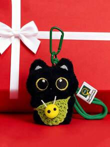 Handmade Knitted Cartoon Bee & Black Cat Plush Keychain Set - Cute Animal Theme Unisex Bag Charm, Backpack/Car Key Chain, Lanyard And Keyring Accessories, Perfect Gift For Girlfriend