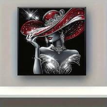 5D Diamant Malset - Europäische Schönheit Frau in rotem Hut & schwarzem Kleid, funkelnde runde Acryl DIY Diamant Malerei, Vollbohrung Kunsthandwerk, rahmenlos Wanddekoration, perfekt für Wohnzimmer, Schlafzimmer, Büro, ideales Urlaubsgeschenk, verschiedene Größen erhältlich