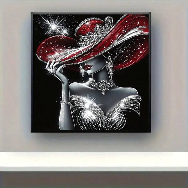 Kit de pintura de diamantes 5D - Mujer europea de belleza con sombrero rojo y vestido negro, pintura de diamantes acrílica brillante y redonda DIY, arte de perforación completa, decoración de pared sin marco, perfecta para sala de estar, dormitorio, oficina, regalo ideal para vacaciones, múltiples tamaños disponibles