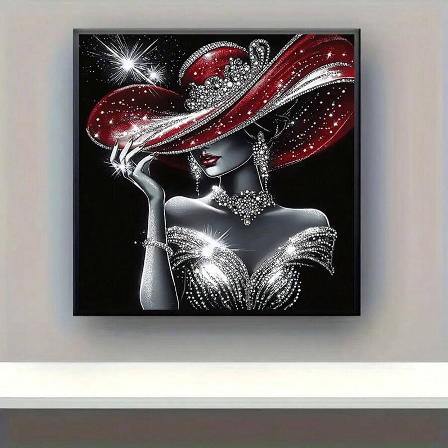 5D Diamant Malset - Europäische Schönheit Frau in rotem Hut & schwarzem Kleid, funkelnde runde Acryl DIY Diamant Malerei, Vollbohrung Kunsthandwerk, rahmenlos Wanddekoration, perfekt für Wohnzimmer, Schlafzimmer, Büro, ideales Urlaubsgeschenk, verschiedene Größen erhältlich