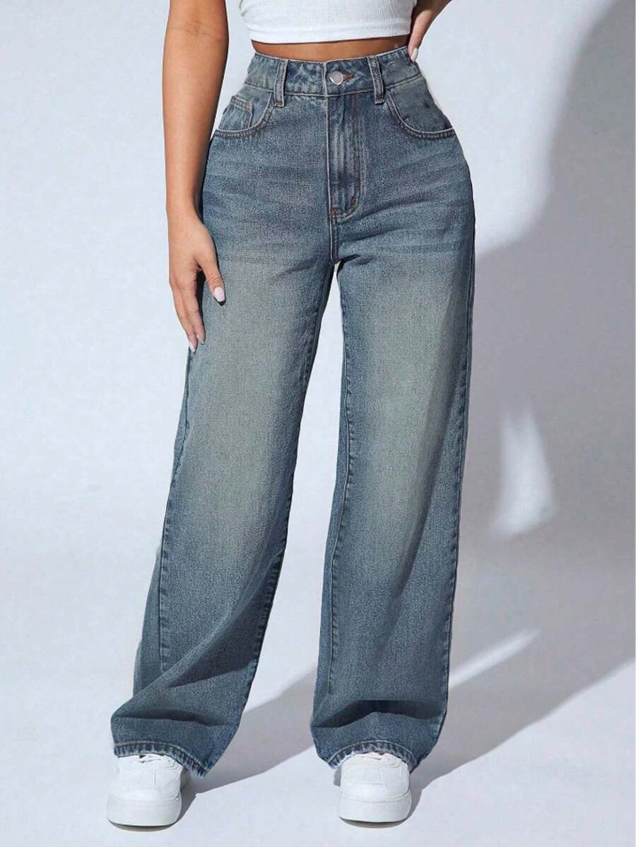 Teens' Loose Straight Leg Distressed Casual Jeans, Slim Straight Leg Jeans - Medium Wash - View 1