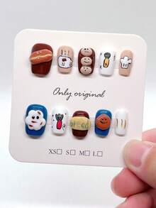 10 件按压指甲短方形和圆形卡通指甲，手工制作的秋季按压指甲，白云，香肠指甲用品，家庭 DIY 指甲设计全覆盖假指甲片女士和女孩的人造指甲美甲用品办公室日常佩戴假指甲，纯手工佩戴指甲 - Follow Your Heart - 查看 5