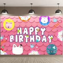 1 pièce Mignon toile de fond de décoration de fête d'anniversaire de Gabby's Dollhouse avec motif de chat rose - 210 x 13 cm / 150 x 100 cm / 100 x 75 cm, Adorable décoration murale de fête thème chat rose et blanc de Gabby's Dollhouse, décoration d'arrière-plan de table de gâteau pour baby shower