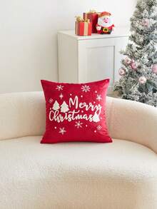 1 Stück Weihnachts-Rot Schneeflocke & Weihnachtsbaum Buchstabe "FRÖHLICH" bestickte Kissenbezug, geeignet für Inneneinrichtung, Weihnachtsdekoration Kissenbezug, Kissenfüllung nicht enthalten - Rot - Übersicht 2