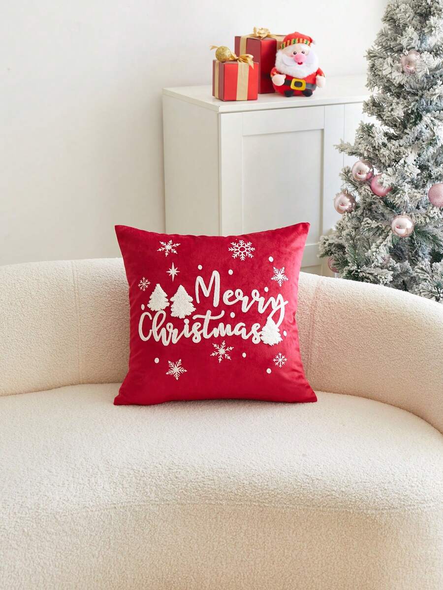 1 Stück Weihnachts-Rot Schneeflocke & Weihnachtsbaum Buchstabe "FRÖHLICH" bestickte Kissenbezug, geeignet für Inneneinrichtung, Weihnachtsdekoration Kissenbezug, Kissenfüllung nicht enthalten
