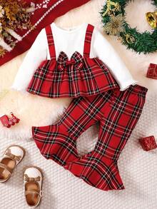 BrownBark 2 件套女婴格子长袖上衣和格子喇叭裤套装，幼儿女童秋冬圣诞装，适合休闲日常穿着和圣诞节/新年派对 - 彩色 - 查看 1
