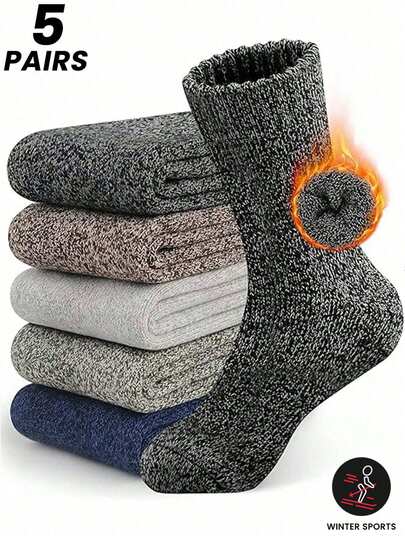 5 Pairs Classic Solid Color Thickened Wool Crew Socks, Unisex 2pcs6pcs10pcs20pcs