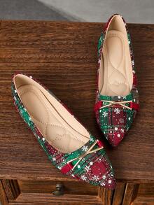 Women's Fashion Pointed Toe Christmas Snowflake Flats, Multi-Color Office Casual Versatile Shoes, Outdoor Leisure High-End Elegant Flat Ballet Shoes For Spring, Summer, All Seasons - Red - View 2