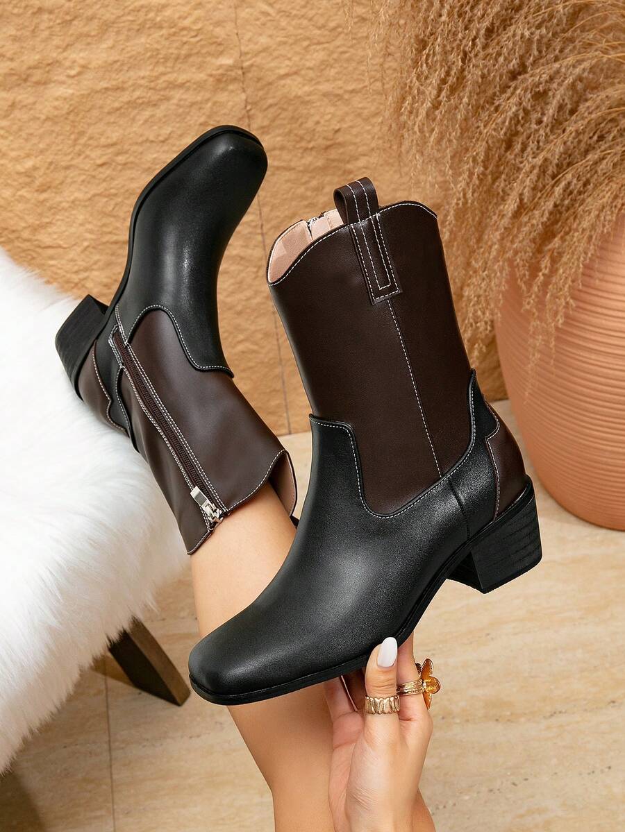Botas de tobillo de moda para mujer, botas de media pantorrilla bitono, botas de media pantorrilla con tacón de bloque, botas de mujer con cremallera lateral, botas de mujer con bloques de color, botas de mujer con tacón cuadrado de madera, zapatos de trabajo, botas de motocicleta, botas de invierno con tacón de bloque, botas de invierno casuales, botas de nieve, se pueden combinar con jeans, botas de media pantorrilla elegantes, botas unisex para mujer, botas de motocicleta de estilo casual, botas deportivas de estilo universitario para mujer, botas occidentales - Negro - Ver 1