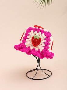 1pc Women's Adorable Casual Y2K Style Fashionable Contrast Color Hand-Crocheted Strawberry Applique Decor Bucket Hat For Outdoor, Traveling, Daily Wear