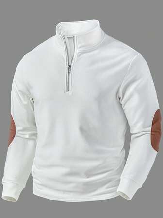 Men's White Half-Zip Pullover - Stand Collar Design, Regular Fit Zip-Up Quarter Zip Sweatshirt Suitable For Casual And Formal Wear - Easy Care Daily Essential, Elegant Style, Soft Texture