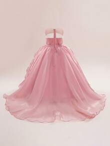 少女圆领亮片蝴蝶结薄纱优雅长裙，适合正式场合、花童婚礼等，不含头饰 - 藕粉色 - 查看 2