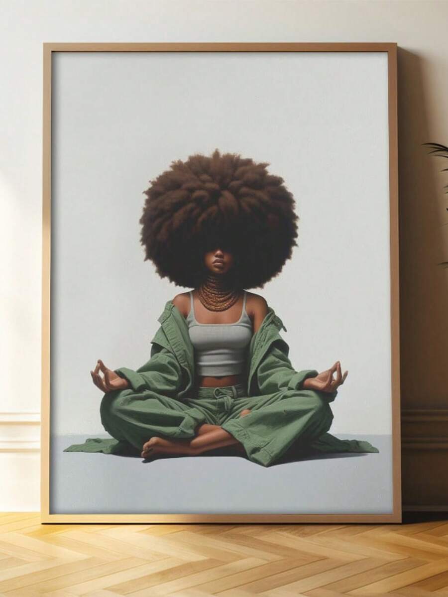 Impresión artística de una mujer afroamericana meditativa, póster de lienzo con temática de moda, decoración de pared colgante retro de arte decó sin marco, retrato clásico para sala de estar, dormitorio, oficina en casa - Decoración de pared interior de otoño e invierno, regalo ideal - Multicolor - Ver 1