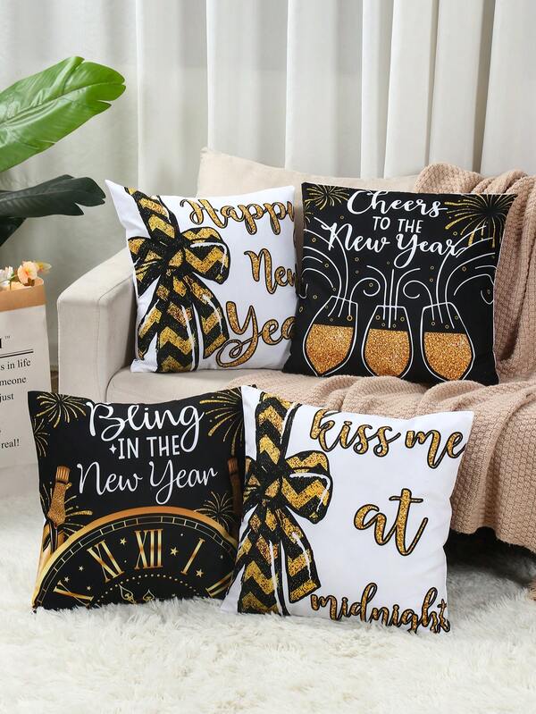 4pcs Happy New Yaer Decor Peach Skin Pillowcase, 17.72Inches Black And Gold Firework Bow Pattern Throw Pillow Cover Cushion Cover For Sofa Couch Living Room Bedroom Decor,Happy New Yaer Decorations, New Year Eve Event Party Supplies,Festive Gift,Holiday Party Decor Supplies,Home Decor