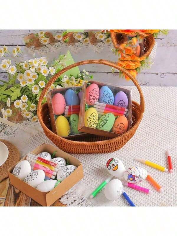 6pcs Easter DIY Hand Drawn Easter Egg 2025 Handmade Color Cartoon Rabbit Egg Children's Handmade Gift (Style Random)
