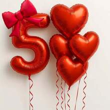 6pcs/Set 32" Red Number, Bow, Heart Foil Balloon Set - Red Theme Birthday Party Decor Balloons, 21" Red Bow Balloons, 18" Red Heart Balloons With Red Balloon Ribbons, Suitable For Wedding, Birthday, Valentine's Day, Anniversary, Christmas Decoration - Red - View 7