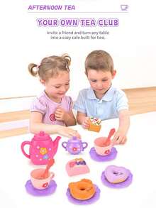 小女孩茶会套装，假装茶壶/糕点套装，公主茶时间玩厨房玩具，带茶壶、杯子，适合 4 5 6 岁儿童生日复活节礼物 - 彩色 - 查看 9