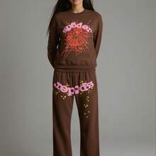 Sp5der Fashion Star Style 555555 Foam Print Hooded Sweatshirt For Men And Women Sportswear Casual Pants Set  Plain    Spring/Fall    Regular Fit    Pocket  Drawstring  Zipper - 棕色 - 查看 3