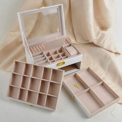 3-Tier Large Capacity Jewelry Organizer Box With Mirror & Lock, Faux Leather Velvet-Lined Jewelry Storage Case With Divided Compartments, Drawers & Trays For Necklaces Earrings Rings Bracelets Watches Brooches, Dust-Proof Vanity Dresser Organizer For Women Girls Jewelry Lovers, Decorative Travel-Friendly Jewelry Holder Ideal Gift For Birthday Anniversary Holiday