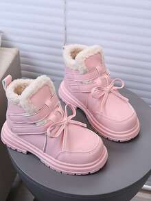 儿童保暖内衬踝靴，2025秋冬新款蝴蝶结软底防滑小女孩靴子，圆头百搭皮革保暖厚底平底靴 - 粉色 - 查看 3