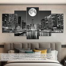 5幅一套的芝加哥天际线帆布墙画，现代黑白城市景观画，夜景，已装裱，可直接悬挂，家居装饰，房间装饰，墙面装饰，客厅装饰，卧室装饰，办公室装饰，海报，美丽的城市风景画，送给朋友的礼物，生日或毕业礼物 - 彩色 - 查看 4