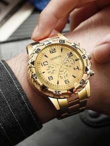 8件套男士金银商务时尚腕表套装，包含两套首饰和两块手表，锌合金表带，大圆形表盘，适合作为礼物、宴会、派对、圣诞节和万圣节礼物。 - 8件 - 查看 6