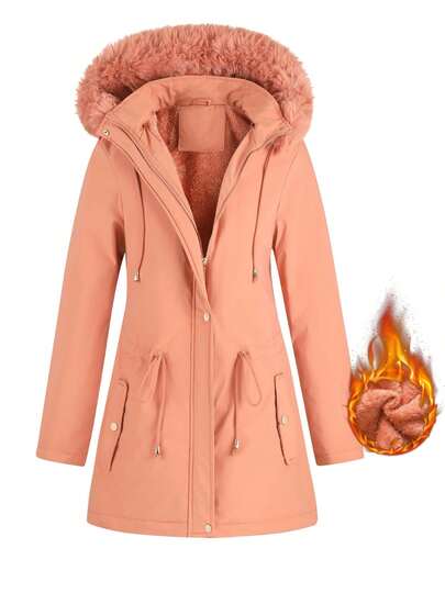 1pc Casual Versatile Women Jacket, Mid-Length With Detachable Hood, Solid Color, Outdoor Thermal Lined, Cinched Waist, Winter,Skiing