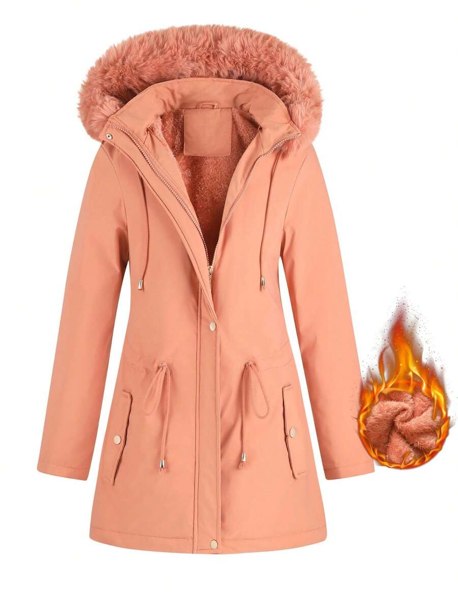 1pc Casual Versatile Women Jacket, Mid-Length With Detachable Hood, Solid Color, Outdoor Thermal Lined, Cinched Waist, Winter,Skiing