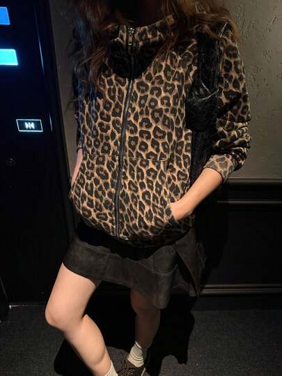 Chaqueta con capucha de ante con bolsillo con cremallera y estampado de leopardo para uso casual diario, Sudadera con estampado de leopardo y cordón ajustable en la cintura, Adecuado para citas, playa