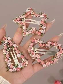 Pasador de pelo con bordado floral rosa - Accesorios de pelo lindos de hierro, adecuados para uso casual y diario en todas las estaciones, sin electricidad, diseño de tela de punto, accesorios para el cabello, pasador de pelo de flor rosa de alta gama para mujer, clip de amor dulce para la frente, flequillo lateral, pasador de pelo, pinzas para el cabello, pasador de pelo