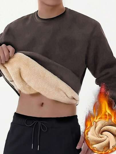 Men's Solid Color Minimalist Pullover Thermal Lined Warm Sweatshirt, Autumn/Winter
