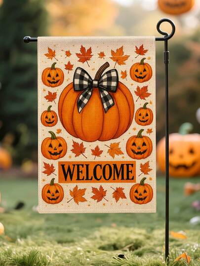 1 Stück Herbst Halloween Kürbis Monster WILLKOMMEN Garten Flagge - Feiertags doppelseitig wasserdichter Jutegewebe, 30 x 45 cm - Herbst Outdoor Dekoration, Outdoor Dekoration (Fahnenmast nicht enthalten)