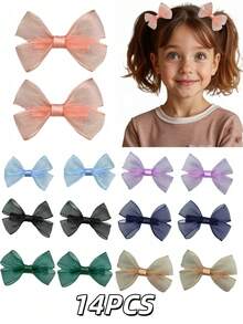 2/14 Stücke rosa Mesh-Schleifen Haarclips für Mädchen, modisch und süß, geeignet für den täglichen Gebrauch