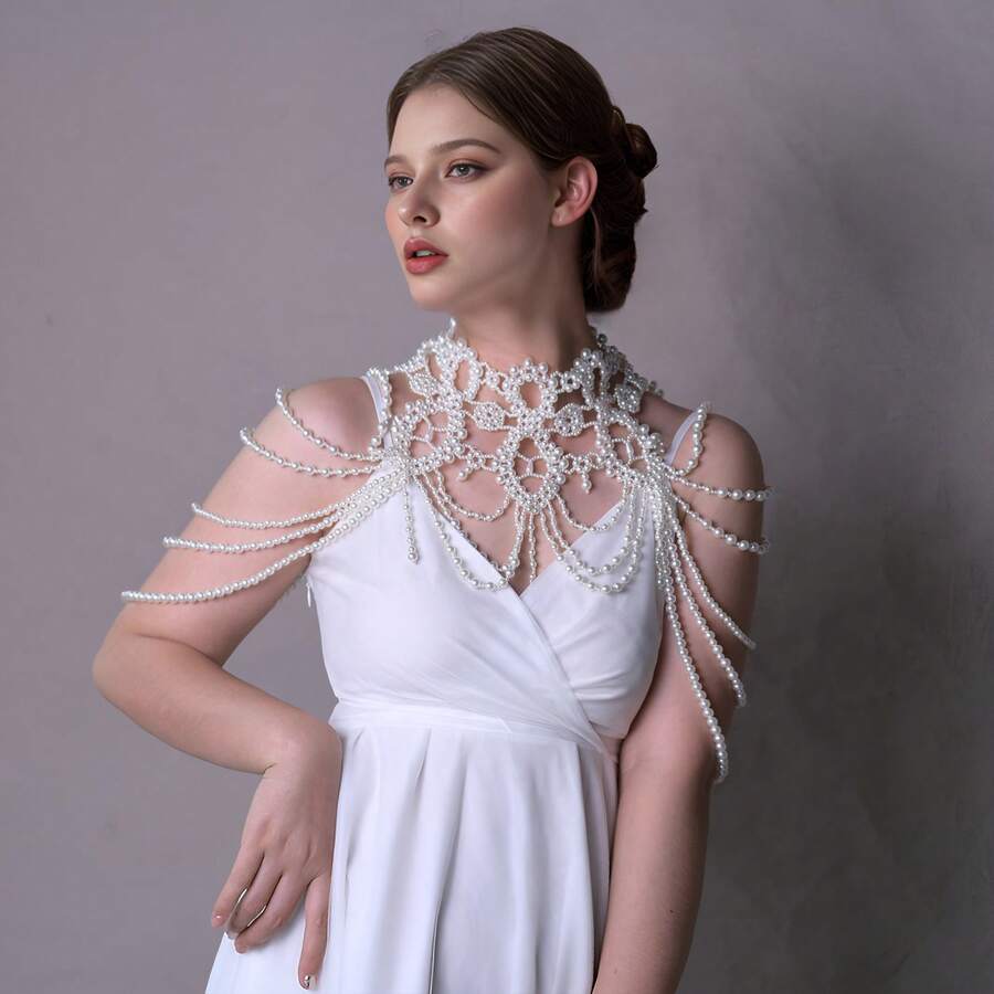 1 Piece Exquisite White Pearl Beaded Body Chain Tassel Bikini Dress Shoulder Chain Wedding Bridal US Stock  BVG09A - 白色 - 查看 1