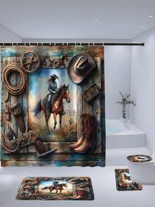 4 Stücke Badezimmer Vorhang Set im Bauernhof-Stil mit Pferdemotiv, moderne Badezimmer Dekoration, wasserdichter Stoffvorhang Set mit 12 Haken, rutschfeste Badematte, U-förmige Toilettenauflage, Toilettendeckel, geeignet als Geschenk für Zuhause, St. Patrick's Day Badezimmer Accessoires, Rückkehr zur Schule