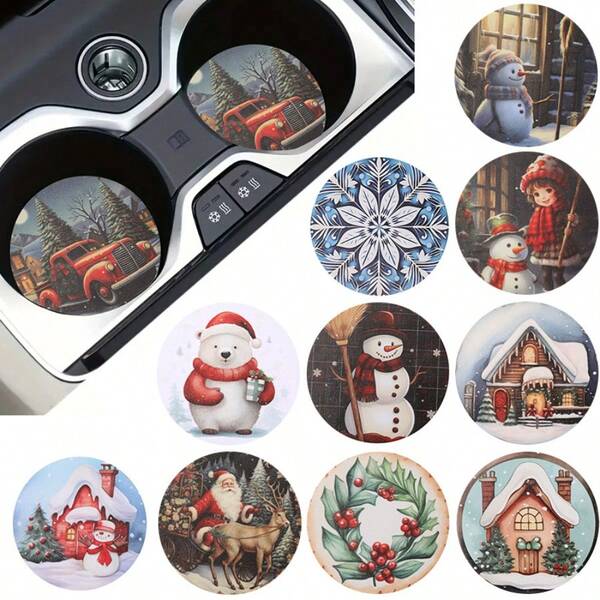 1 Coppia di sottobicchieri in pelle PU a tema natalizio, con motivi di Babbo Natale, pupazzo di neve e fiocchi di neve, di forma rotonda, antiscivolo e con protezione della superficie, adatti per raduni natalizi e decorazioni da tavolo gioiose, per casa, ufficio, caffè, bar, decorazioni per feste di Natale, regali di Natale, sottobicchieri durevoli con design a fiocco di neve