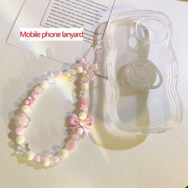 INS New Phone Lanyard, Women's Fresh & Sweet Beaded Chain Pendant, Heart & Bow Phone Case Strap