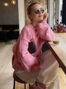 Pulover roz cu mânecă lungă, guler rotund, mărime plus, pulover cu umeri căzuți, culoare solidă, topuri tricotate casual, crop lejer, haine elegante și chic de toamnă pentru femei, ținute de Halloween/Crăciun pentru ieșiri în oraș de toamnă/iarnă