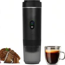 二合一便携式咖啡机，配备3节2500mAh电池，LED温度显示，可制作冷热饮品，按键操作简单，适合家庭、办公室、露营、汽车和旅行使用。