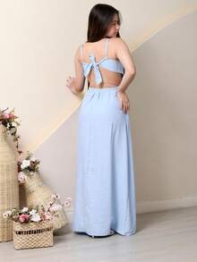 Long Dress For Children And Youth, Outing Or Party Tailoring, Sensorial Marrant, Side Slit, Double Upper Fabric, Strap Adjusters, 10 12 14 16, Tie And Elastic At The Back, Adjustable, Spring/Summer - 淺藍色 - 查看 3