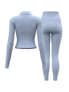 Blueplus Women's Lightweight And Comfortable Sports Set, Featuring A Wind-Resistant Top And Fitted Pants That Flatter The Legs, Allowing Full Freedom Of Movement And Showcasing Your Energy. - 灰湖藍 - 查看 5