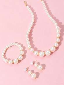 4pcs/Set Girls Pearl Necklace, Bracelet And Earrings Jewelry Set, Cute Accessories Suitable For Girls Party, Birthday Gift - White - View 3