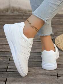 女士春秋季新款白色休闲运动鞋、运动跑步鞋、防滑平底运动鞋 - 白色 - 查看 4