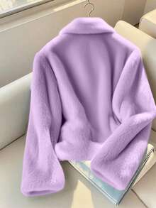 Áo khoác nữ màu trơn mới, cổ lông, cài cúc phía trước, kiểu dáng thanh lịch và dễ thương, phù hợp cho các buổi tiệc, đi chơi, đi làm, trang phục Giáng sinh và Halloween (không kèm thắt lưng). - Màu tím - Xem 2