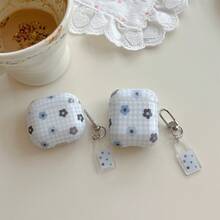 1 set husă de căști albastră în carouri și design floral, compatibilă cu Apple 1/2/3/4, husă de protecție pentru căști wireless Bluetooth Pro 2