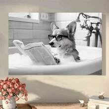 Corgi In Bathtub Canvas Art Wall Decor With Dog Reading Newspaper, Perfect Home Gift For Animal Lovers