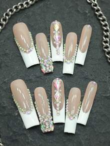 Christmas Nail 10 Pieces Of Pure Handmade Wearable False Nails, Long Ballet, Three-Dimensional Colored Diamonds, White French. Fully Covered And Reusable, Suitable For Parties, Music Festivals, And Other Events, It Is The First Choice For Girls And Women To Give Gifts, New Year's Nail, Halloween Nail. - 彩色 - 查看 14